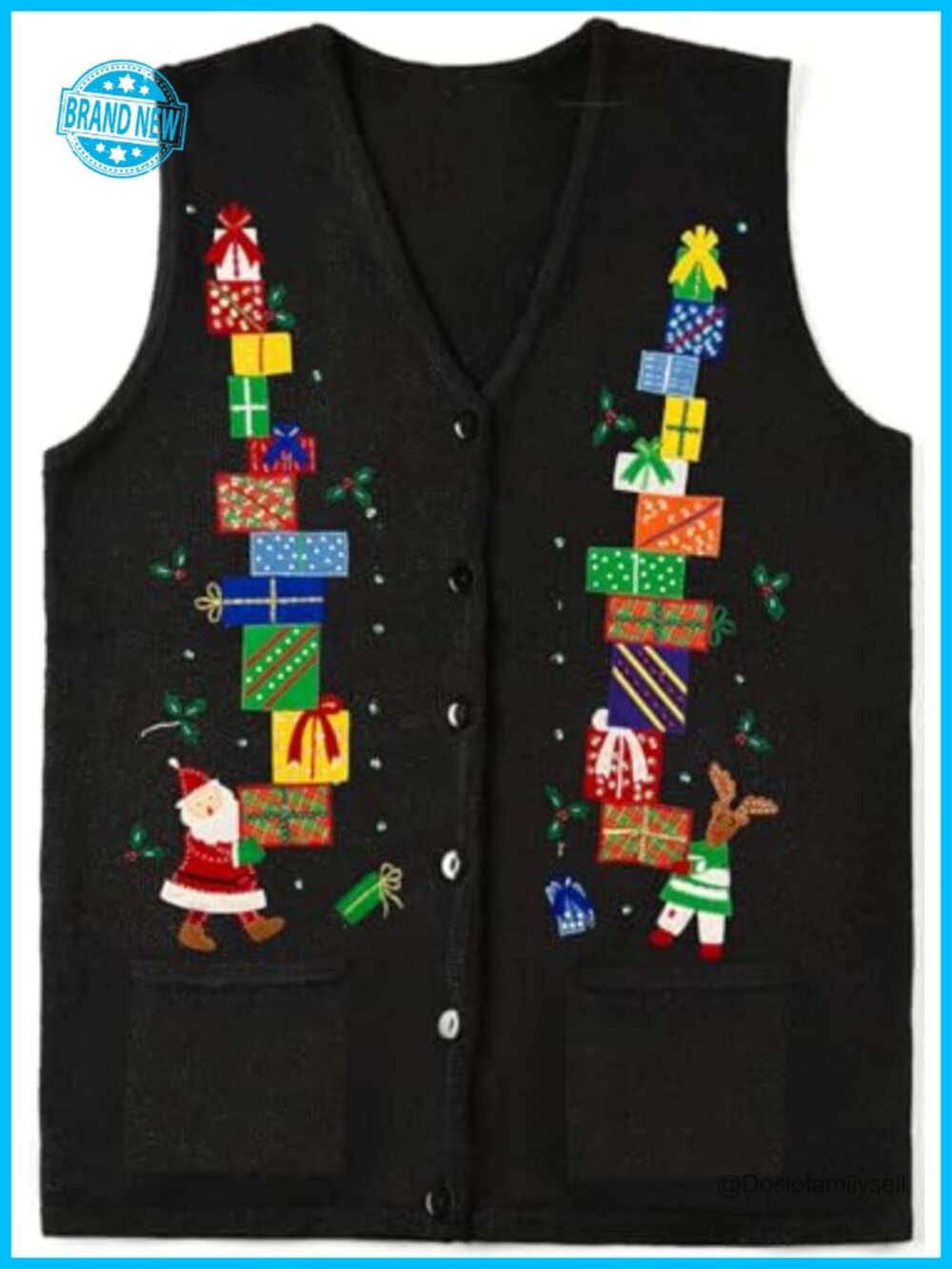 Wool Knit Christmas Sweater Vest Embroidered Beaded Button Front